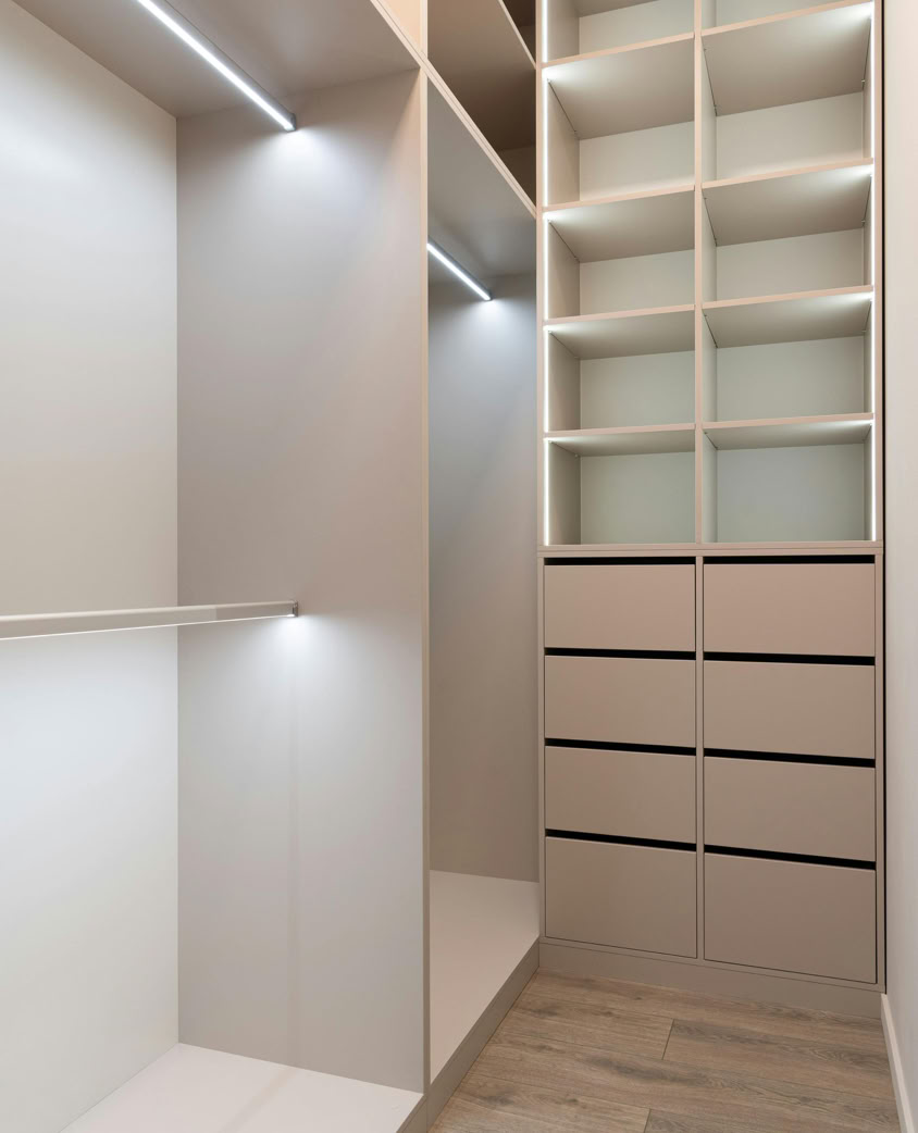 House interior with wardrobe with cabinets and shelves