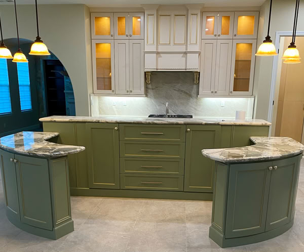 Wardrobe in hallway with mirrored wall reflecting furniture of modern kitchen in light apartment